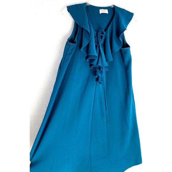 Everly Ruffled Tie Front V Neck Dress Sleeveless Mini Shift Teal Sz: M Polyester - Picture 2 of 8